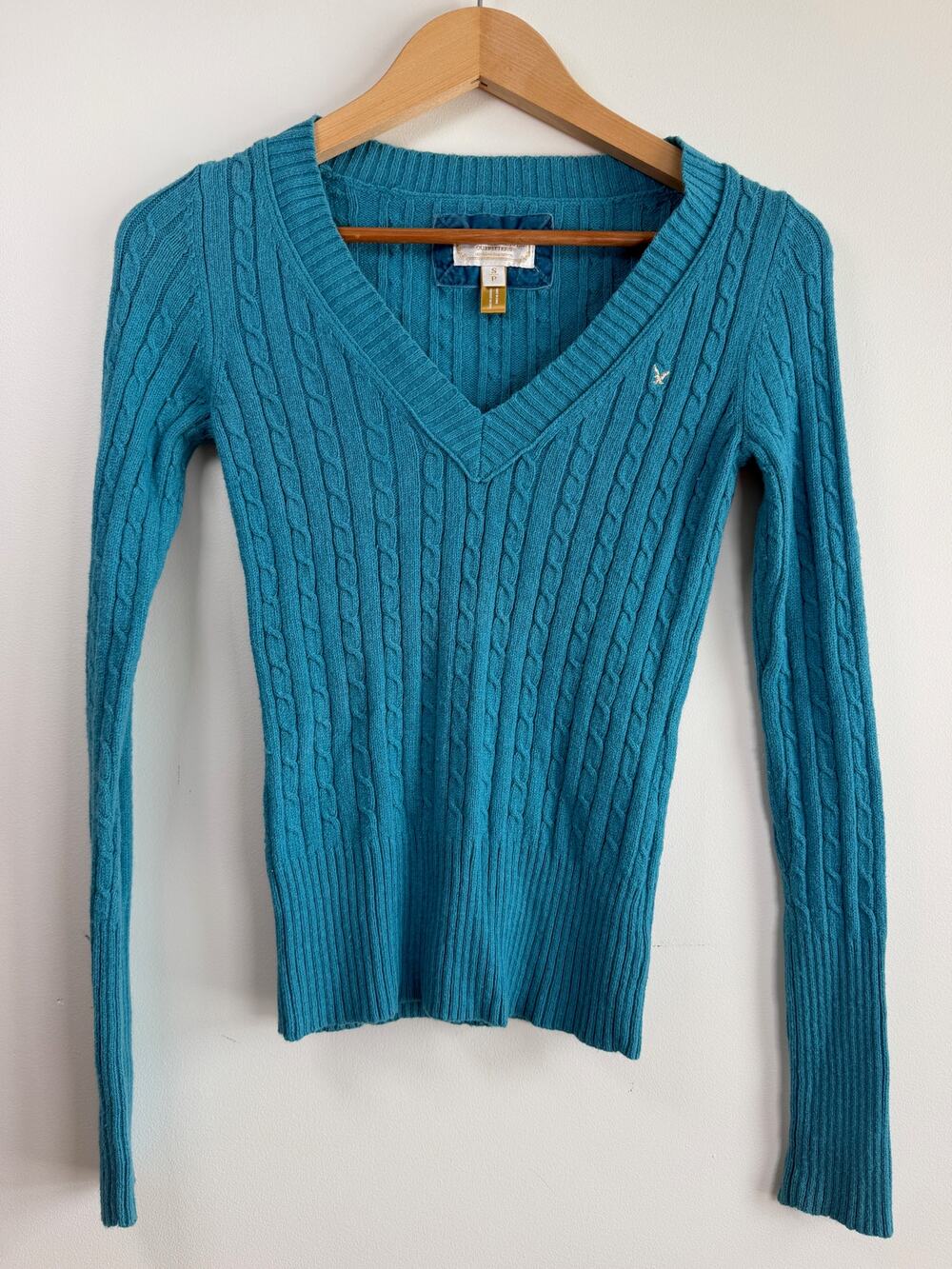 American Eagle Cable Knit Fitted V-Neck Sweater Y2K 2000 Teal Small Preppy Layer